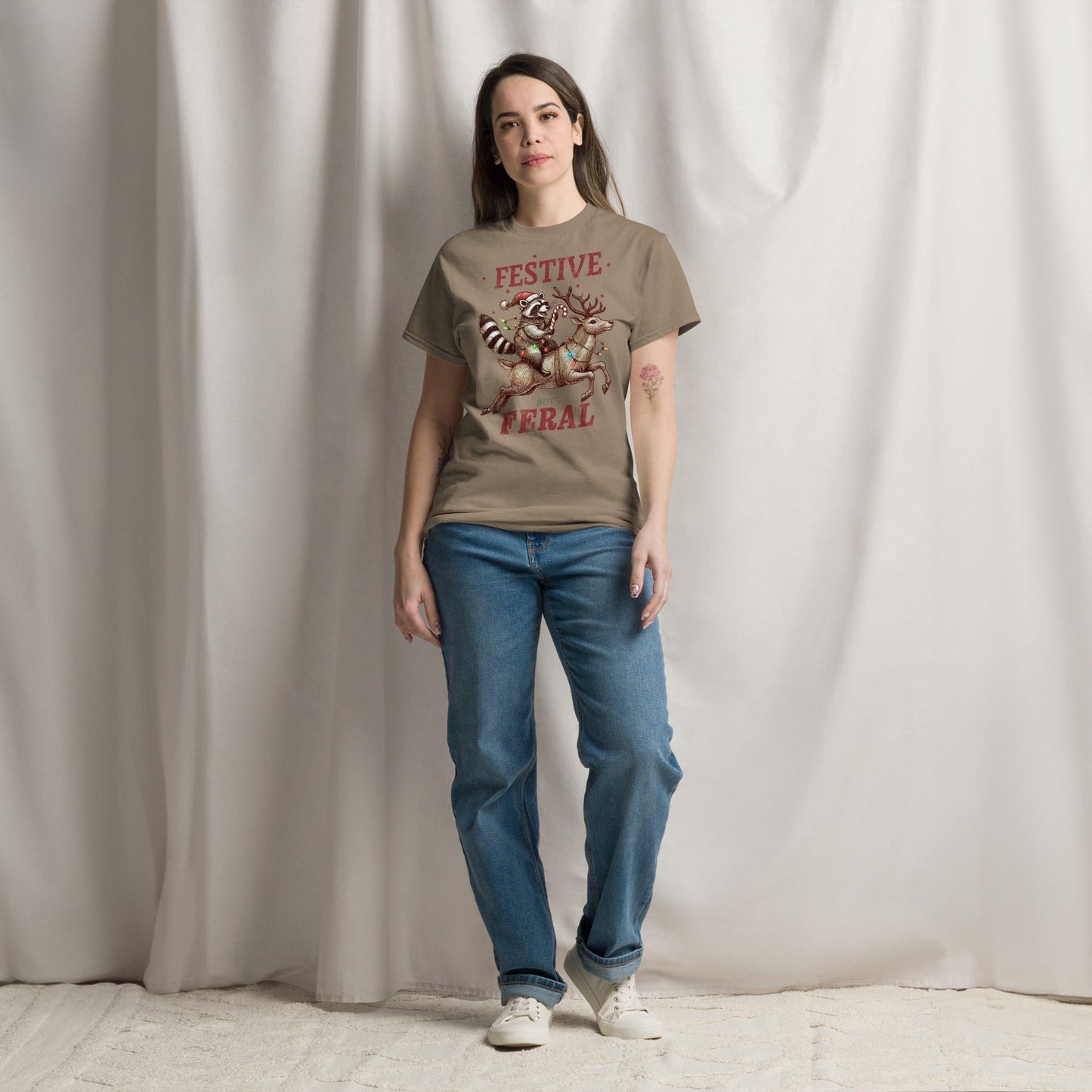 Women’s Tee | 'Festive But Feral' with Raccoon on Reindeer | Fun Holiday Shirt - Sublimegifts4u.com