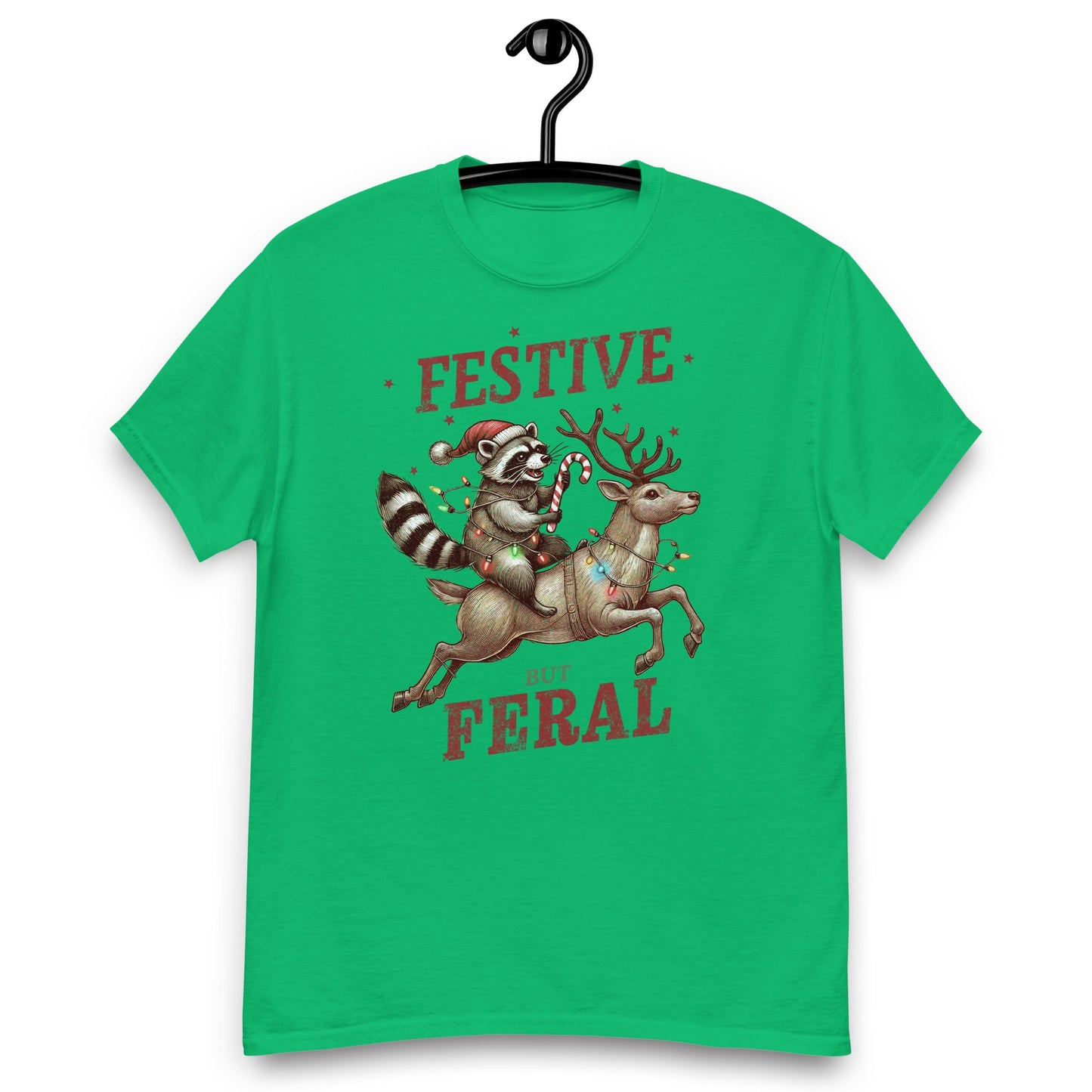 Women’s Tee | 'Festive But Feral' with Raccoon on Reindeer | Fun Holiday Shirt - Sublimegifts4u.com