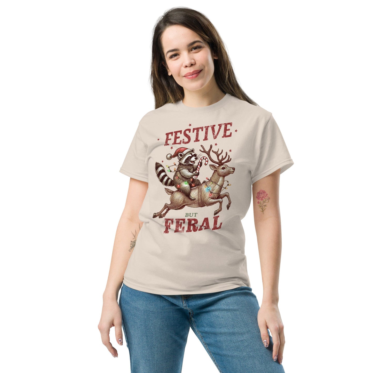 Women’s Tee | 'Festive But Feral' with Raccoon on Reindeer | Fun Holiday Shirt - Sublimegifts4u.com