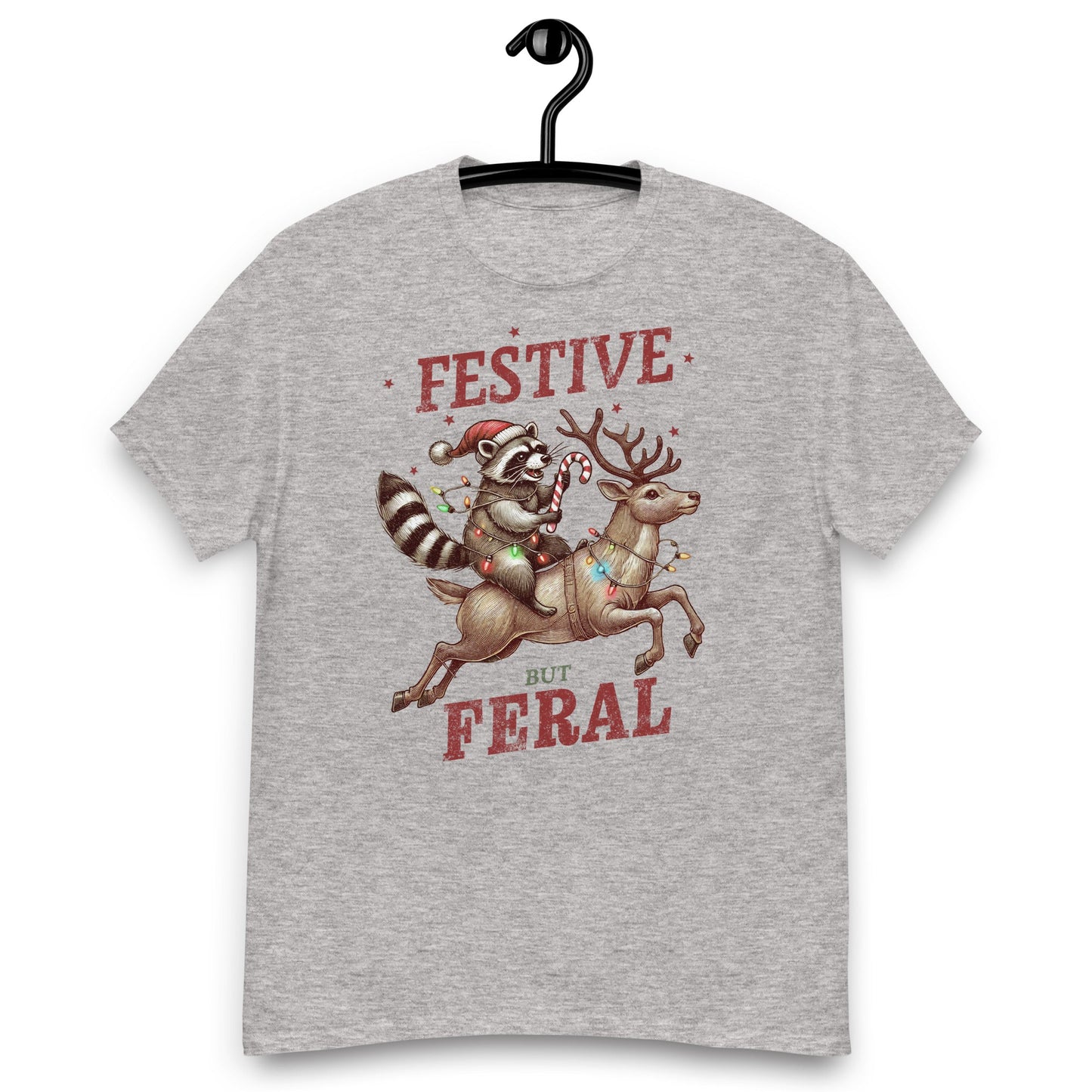 Women’s Tee | 'Festive But Feral' with Raccoon on Reindeer | Fun Holiday Shirt - Sublimegifts4u.com