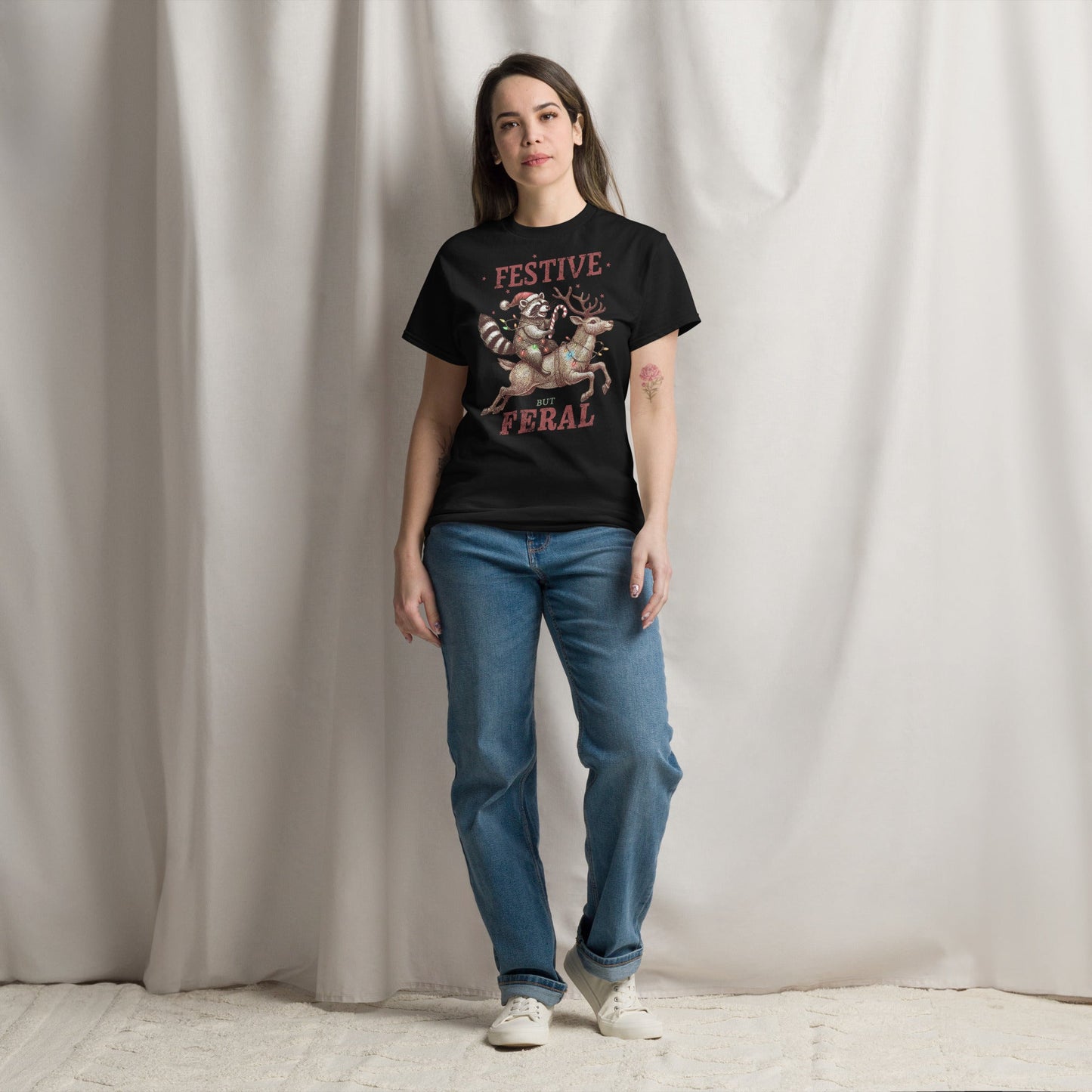 Women’s Tee | 'Festive But Feral' with Raccoon on Reindeer | Fun Holiday Shirt - Sublimegifts4u.com