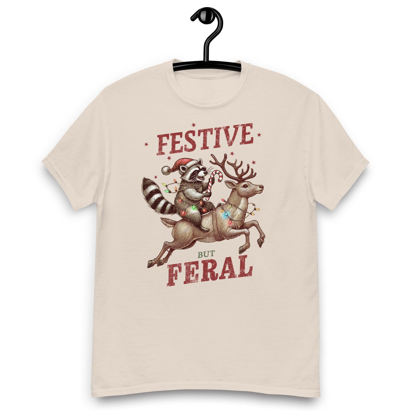 Women’s Tee | 'Festive But Feral' with Raccoon on Reindeer | Fun Holiday Shirt - Sublimegifts4u.com