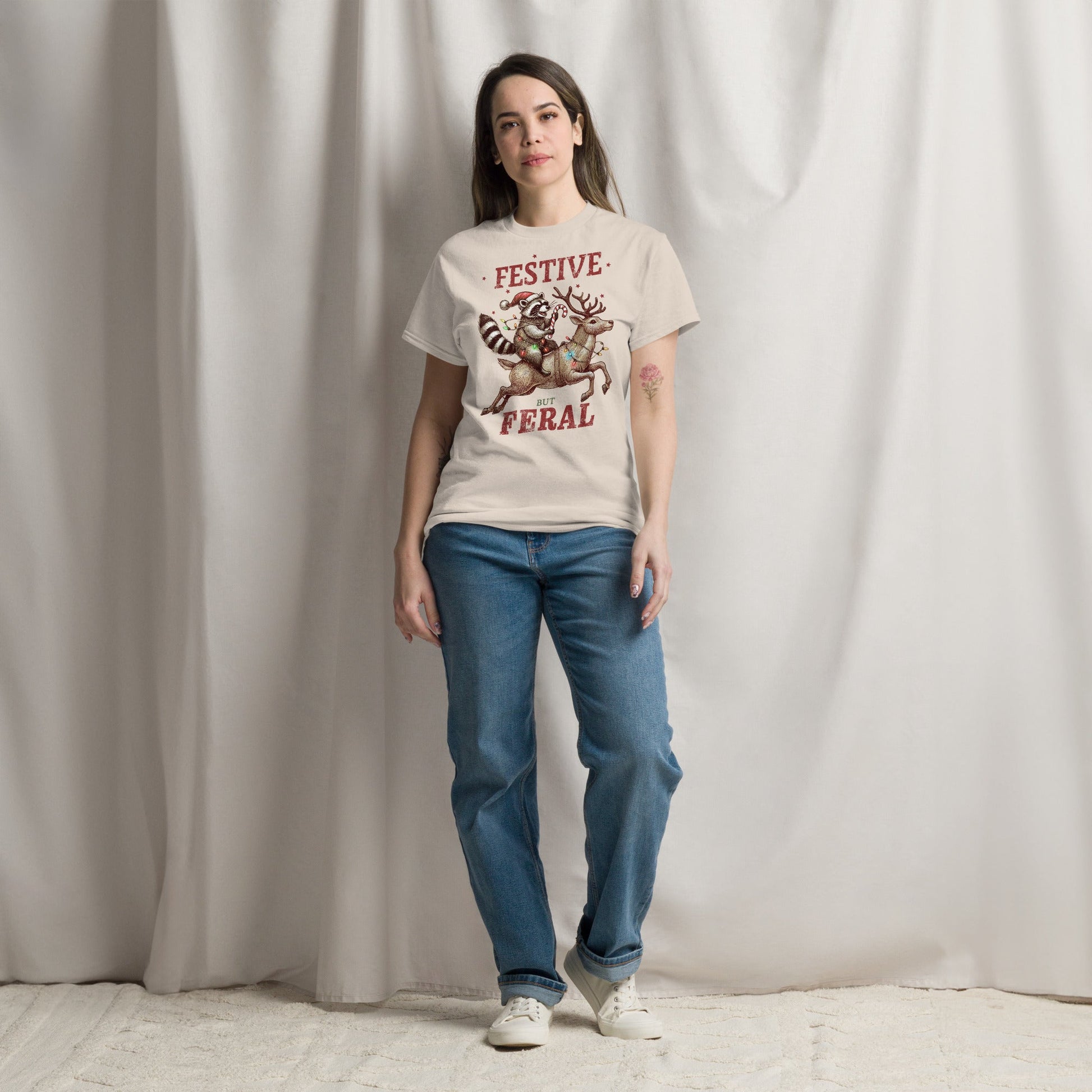 Women’s Tee | 'Festive But Feral' with Raccoon on Reindeer | Fun Holiday Shirt - Sublimegifts4u.com