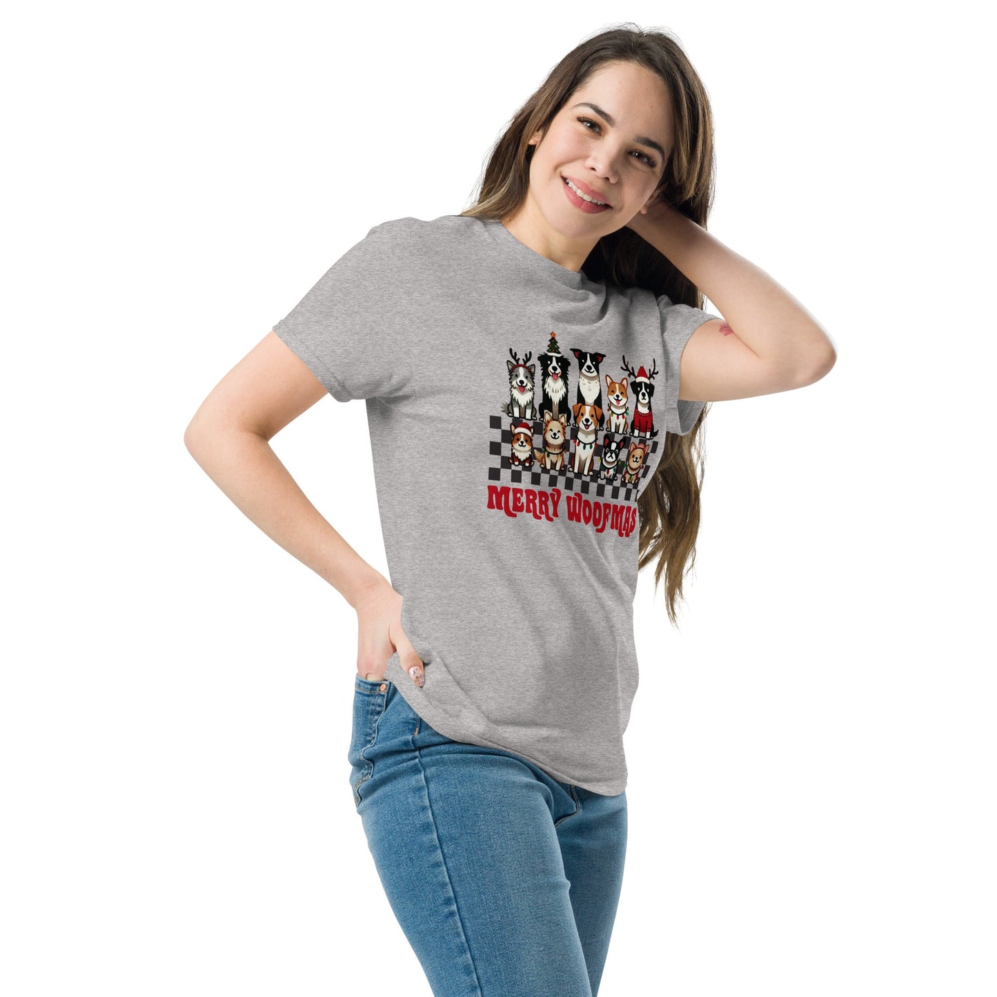 Women’s Tee | 'Happy Woofmas' with Dogs in Christmas Hats | Festive Dog Shirt - Sublimegifts4u.com