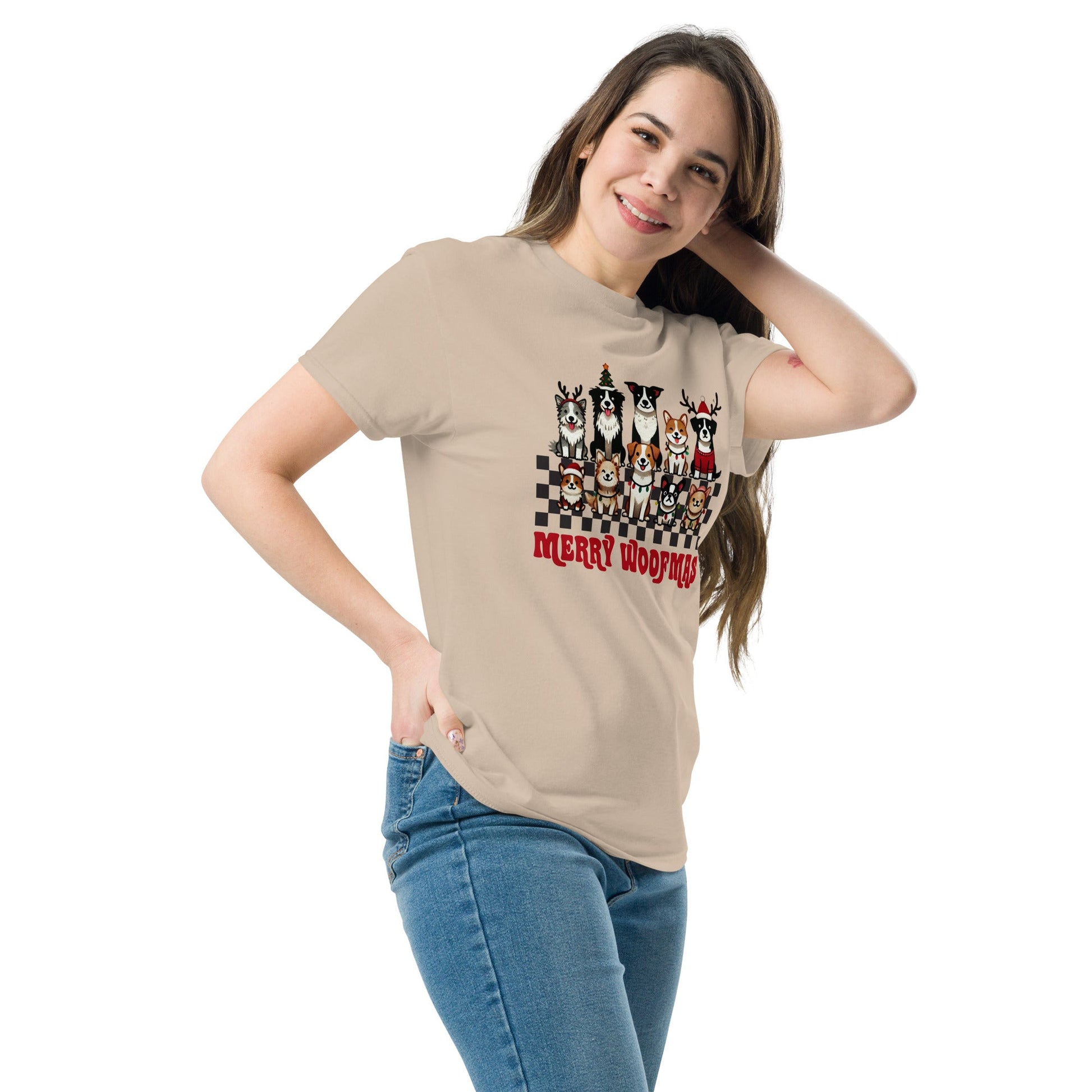 Women’s Tee | 'Happy Woofmas' with Dogs in Christmas Hats | Festive Dog Shirt - Sublimegifts4u.com