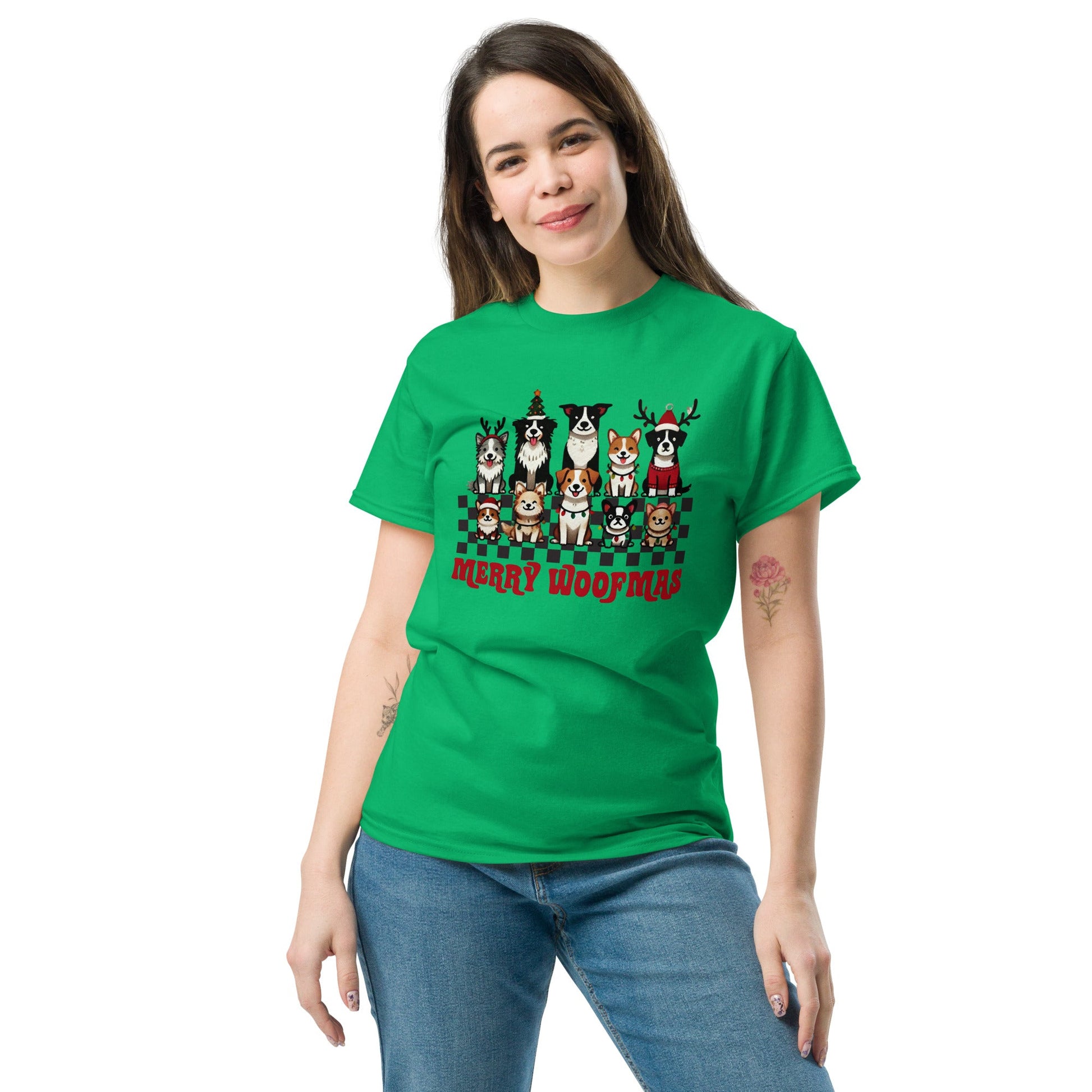 Women’s Tee | 'Happy Woofmas' with Dogs in Christmas Hats | Festive Dog Shirt - Sublimegifts4u.com