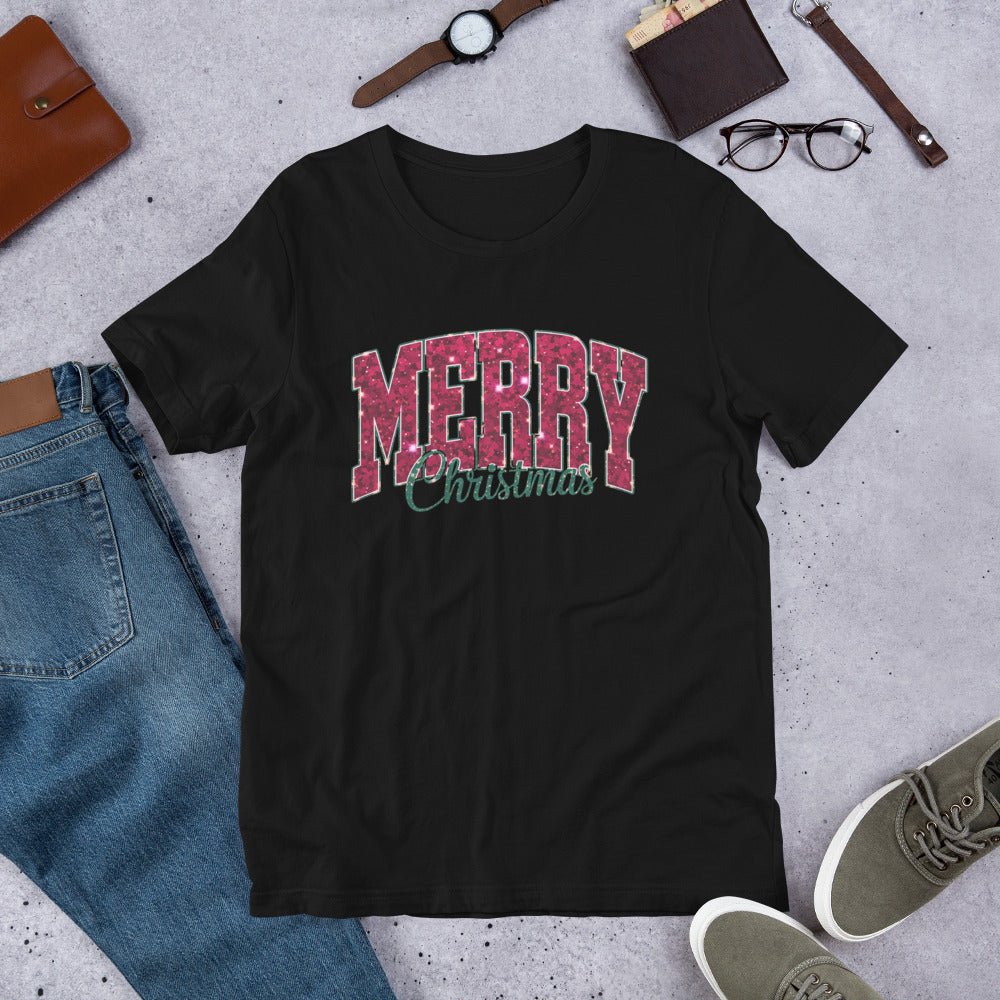 Women’s Tee – "Merry Christmas" Glittery Style Font - Sublimegifts4u.com