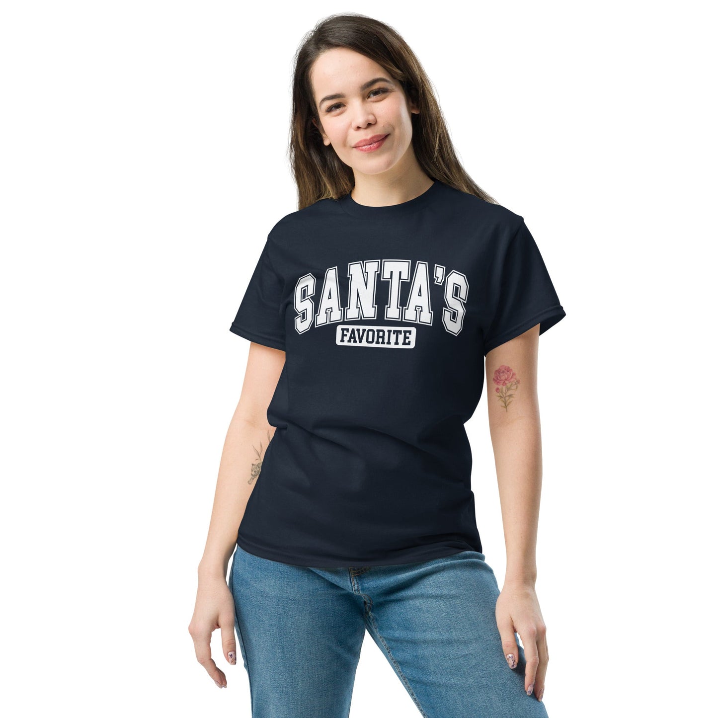 Women’s Tee | 'Santa's Favorite' in University Font | Fun Holiday Shirt - Sublimegifts4u.com