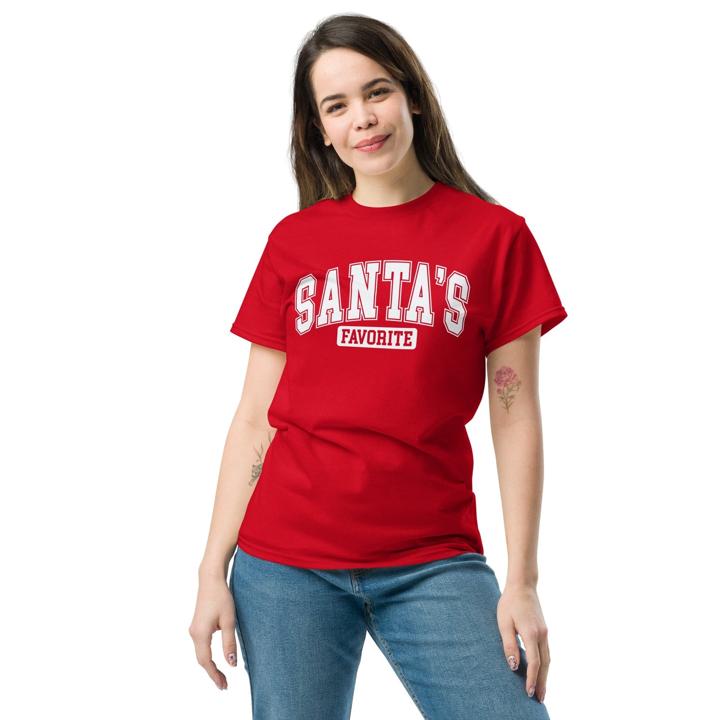 Women’s Tee | 'Santa's Favorite' in University Font | Fun Holiday Shirt - Sublimegifts4u.com