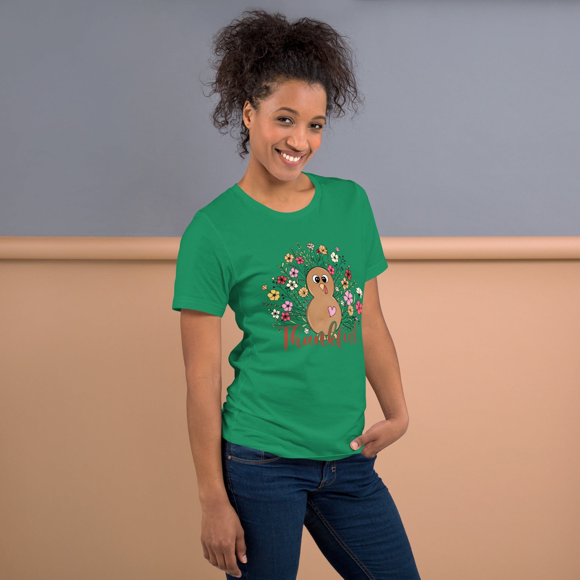 Women’s Tee | 'Thankful' with Turkey and Flowers | Fall Apparel - Sublimegifts4u.com