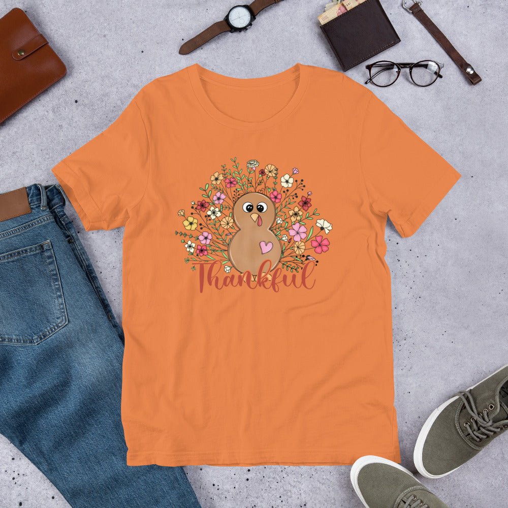 Women’s Tee | 'Thankful' with Turkey and Flowers | Fall Apparel - Sublimegifts4u.com