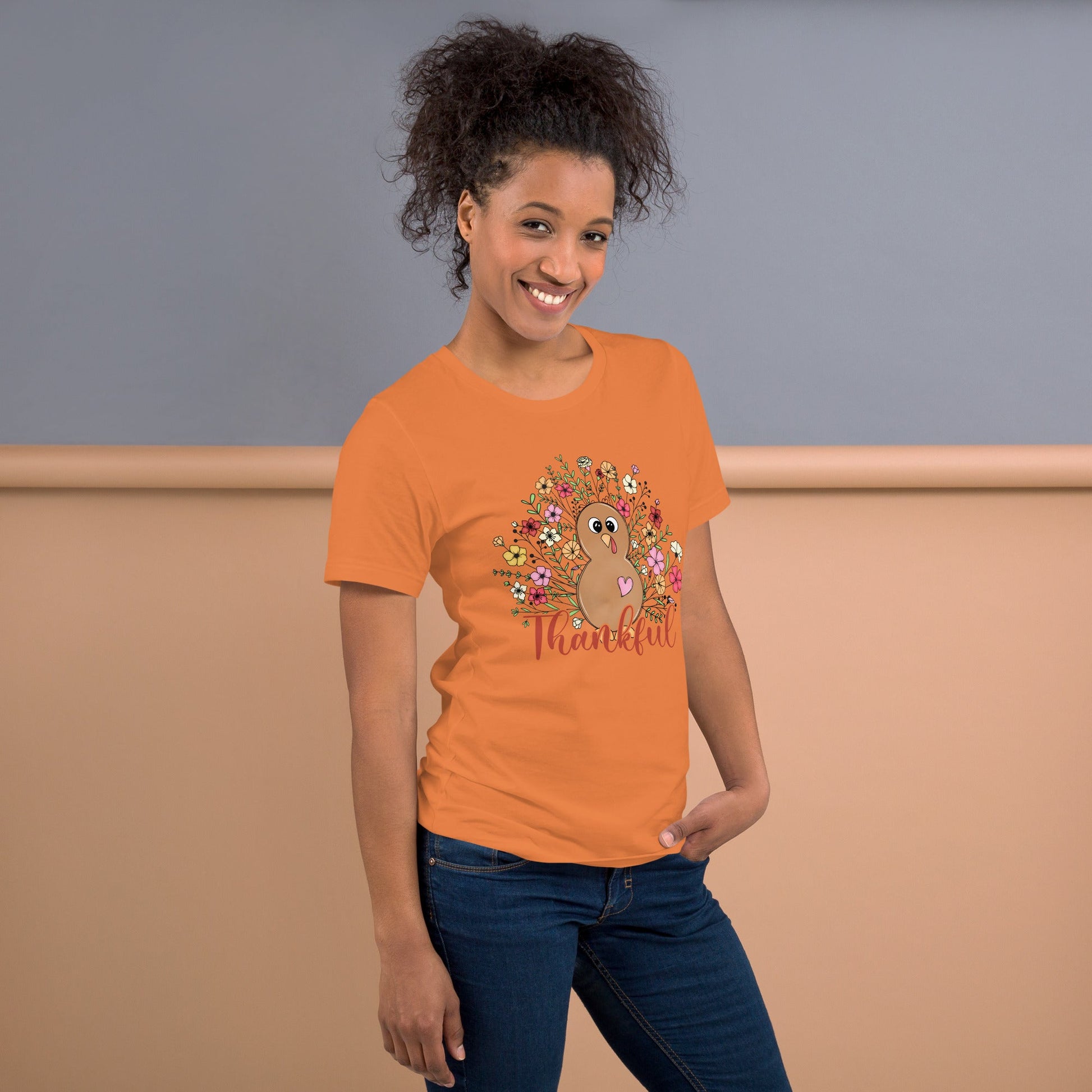 Women’s Tee | 'Thankful' with Turkey and Flowers | Fall Apparel - Sublimegifts4u.com