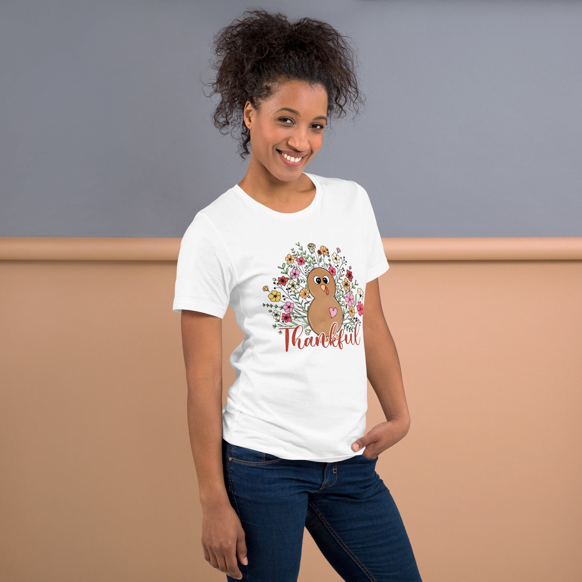 Women’s Tee | 'Thankful' with Turkey and Flowers | Fall Apparel - Sublimegifts4u.com