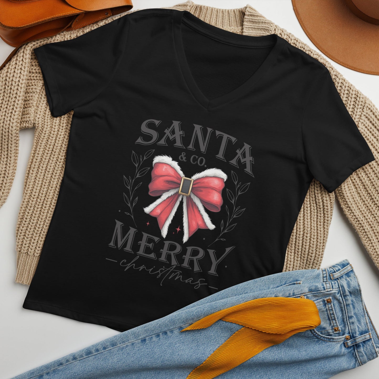 Women's V - Neck Christmas Tee | 'Santa Co. Merry Christmas' | Festive Holiday Shirt - Sublimegifts4u.com