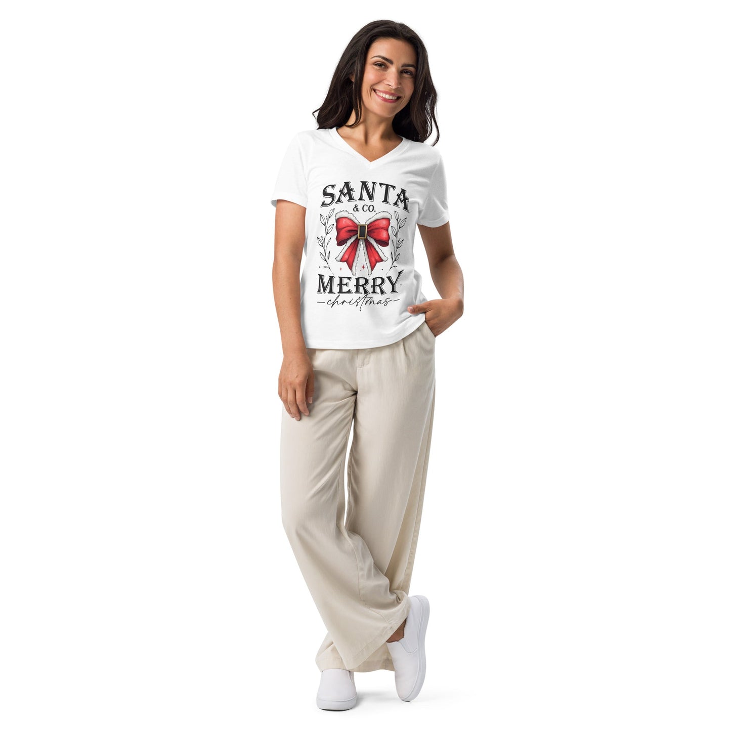 Women's V - Neck Christmas Tee | 'Santa Co. Merry Christmas' | Festive Holiday Shirt - Sublimegifts4u.com