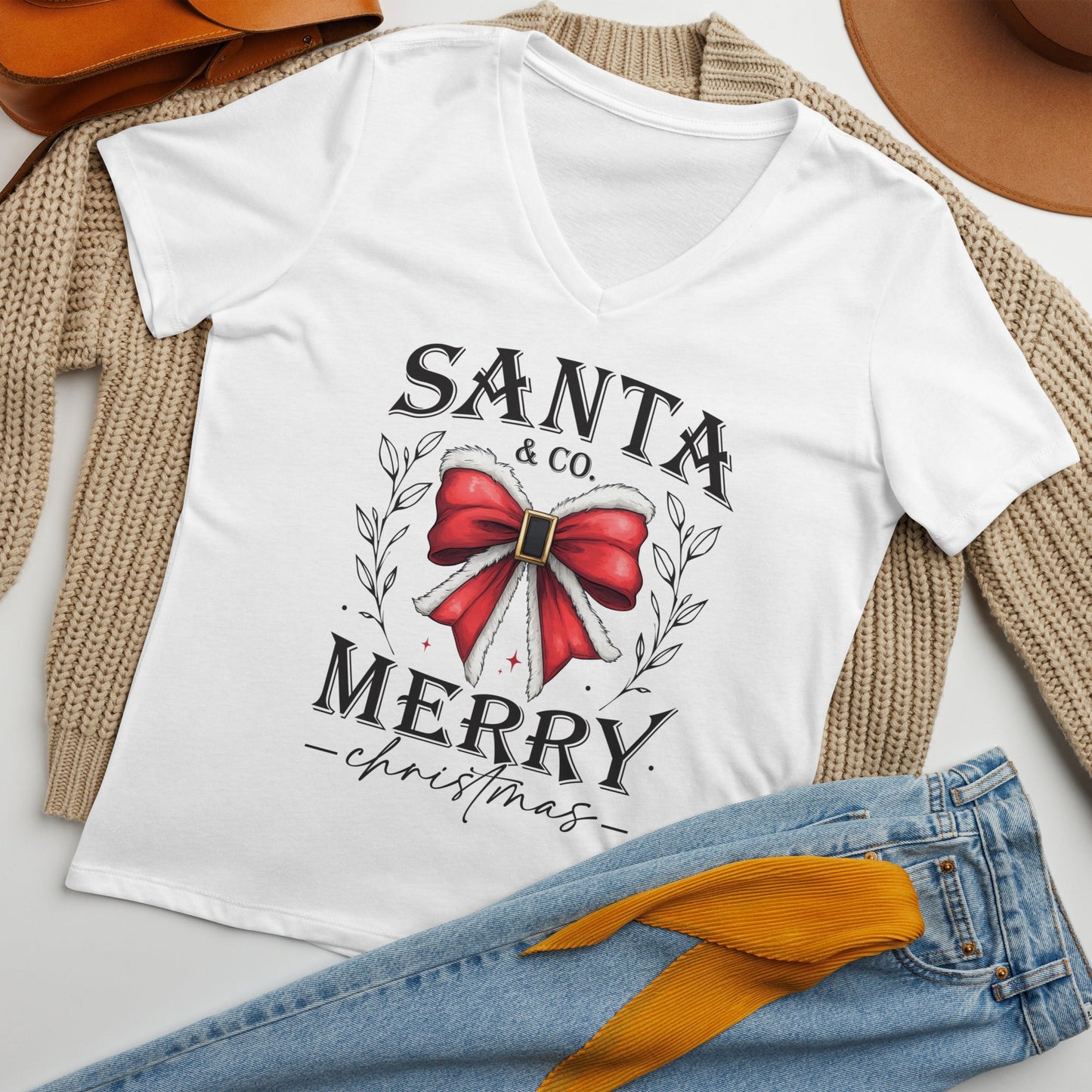 Women's V - Neck Christmas Tee | 'Santa Co. Merry Christmas' | Festive Holiday Shirt - Sublimegifts4u.com