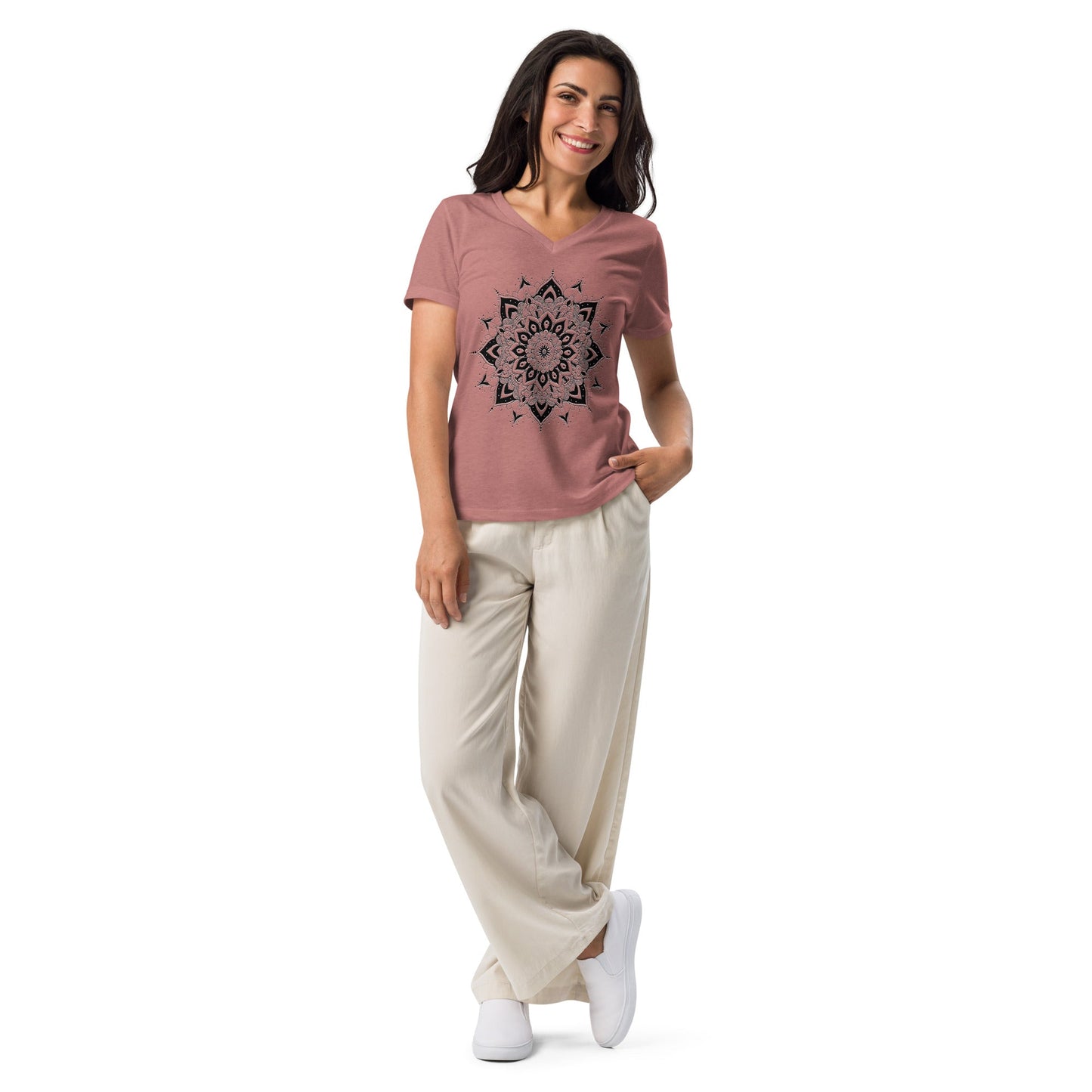 Women's V - Neck T-Shirt with Celestial Mandala Star Design - Soft & Relaxed Fit - Sublimegifts4u.com