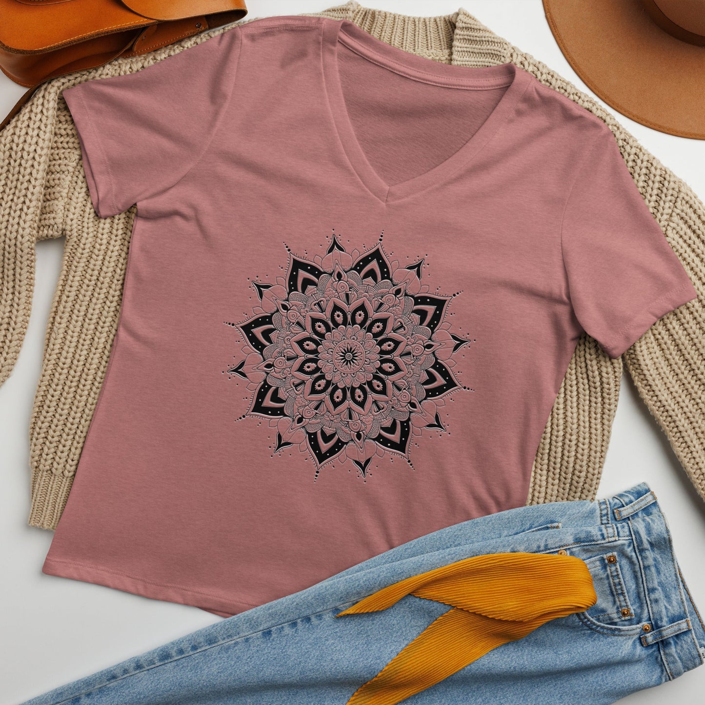 Women's V - Neck T-Shirt with Celestial Mandala Star Design - Soft & Relaxed Fit - Sublimegifts4u.com