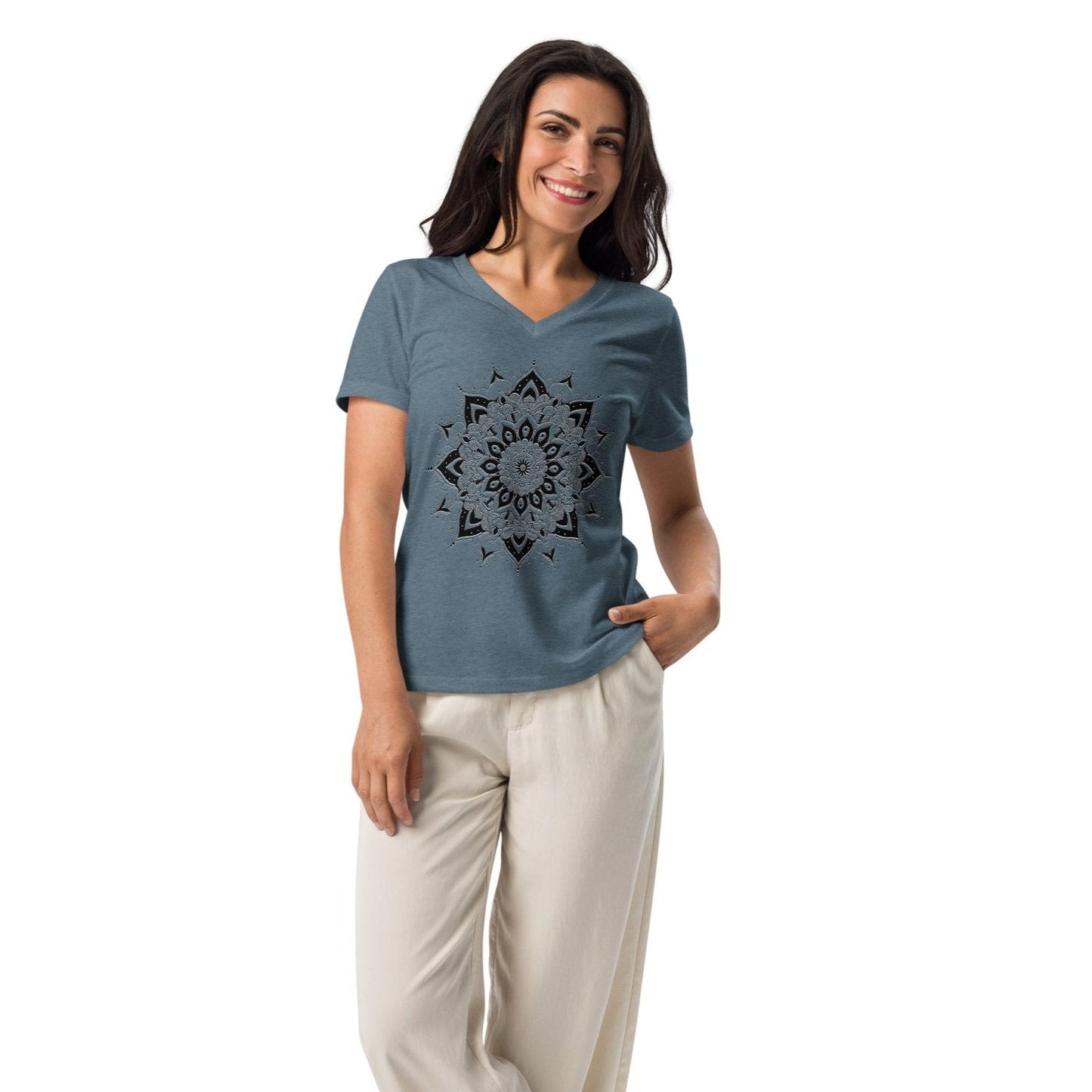 Women's V - Neck T-Shirt with Celestial Mandala Star Design - Soft & Relaxed Fit - Sublimegifts4u.com