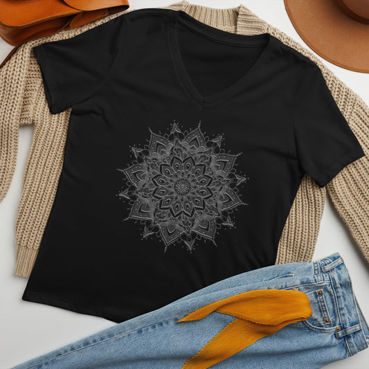 Women's V - Neck T-Shirt with Celestial Mandala Star Design - Soft & Relaxed Fit - Sublimegifts4u.com