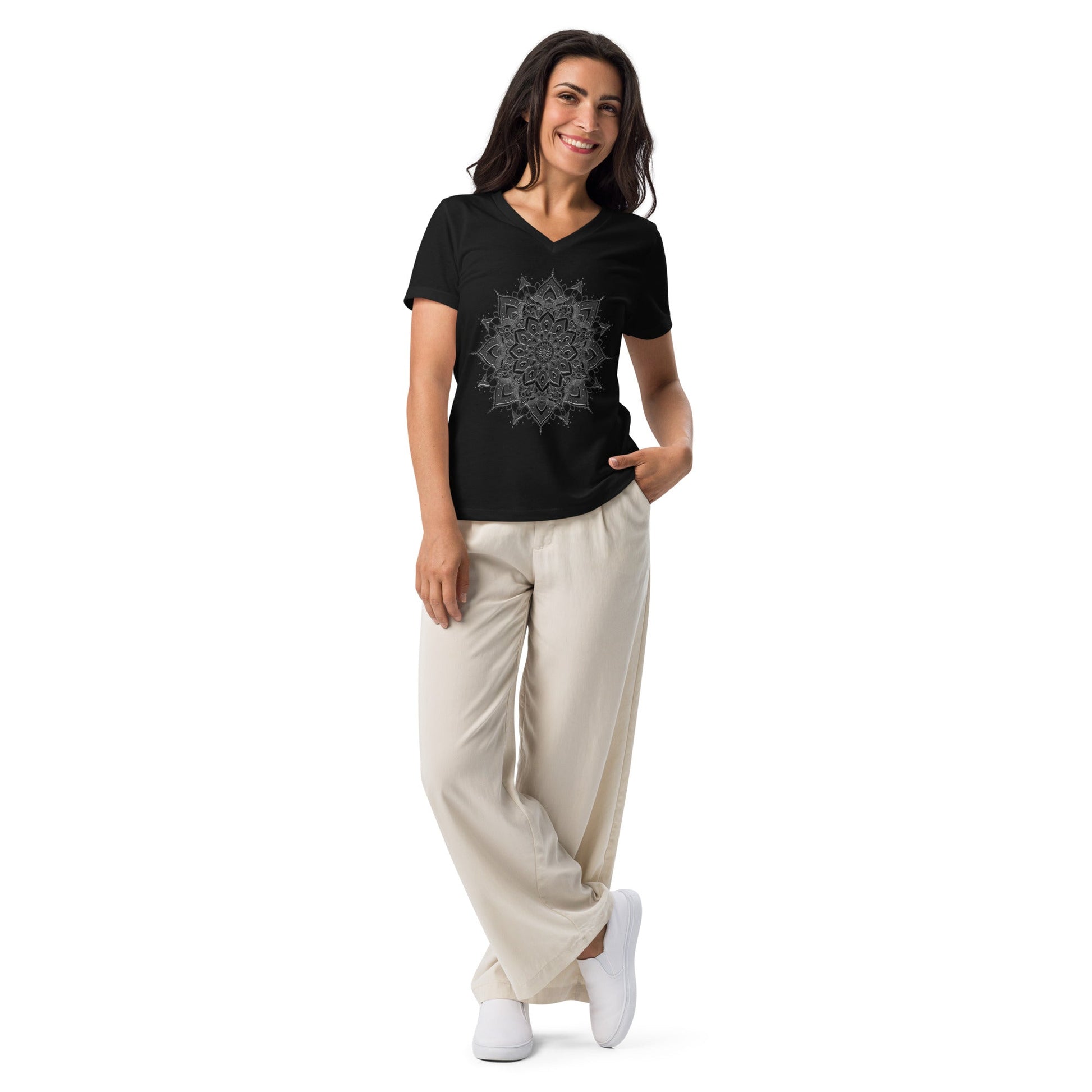 Women's V - Neck T-Shirt with Celestial Mandala Star Design - Soft & Relaxed Fit - Sublimegifts4u.com