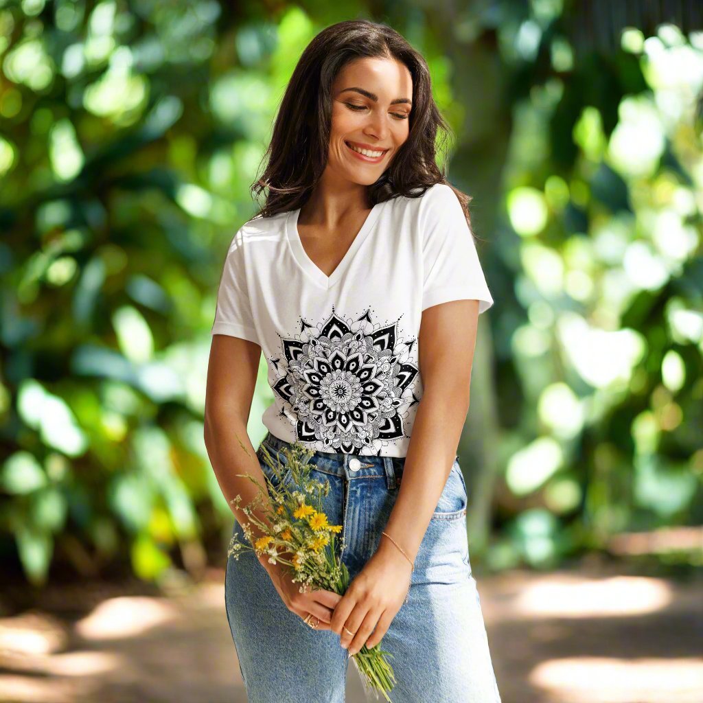 Women's V - Neck T-Shirt with Celestial Mandala Star Design - Soft & Relaxed Fit - Sublimegifts4u.com