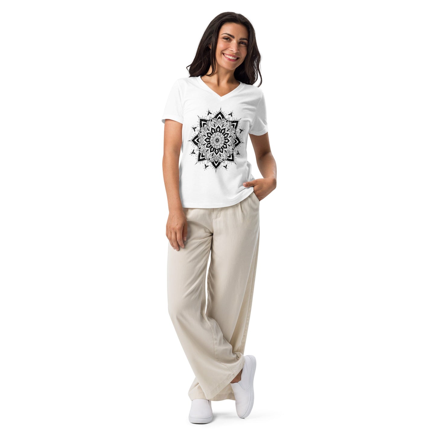 Women's V - Neck T-Shirt with Celestial Mandala Star Design - Soft & Relaxed Fit - Sublimegifts4u.com