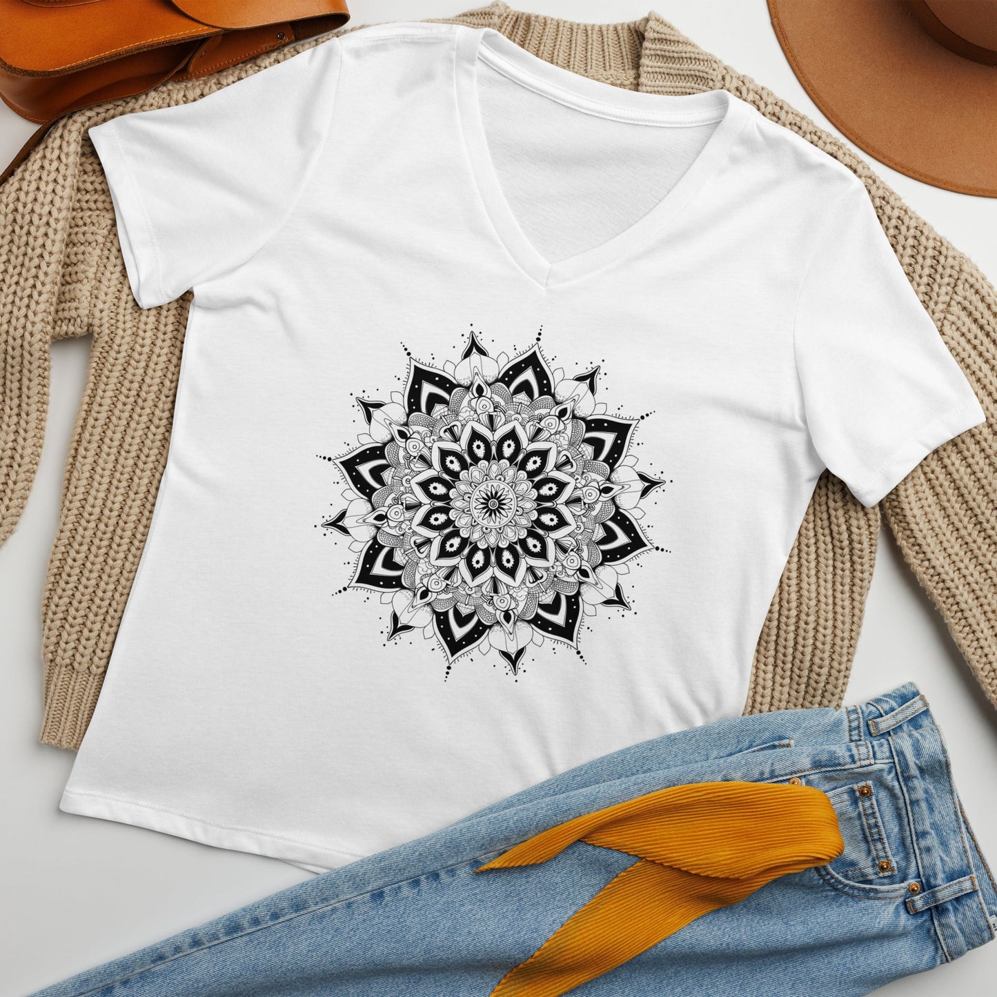 Women's V - Neck T-Shirt with Celestial Mandala Star Design - Soft & Relaxed Fit - Sublimegifts4u.com