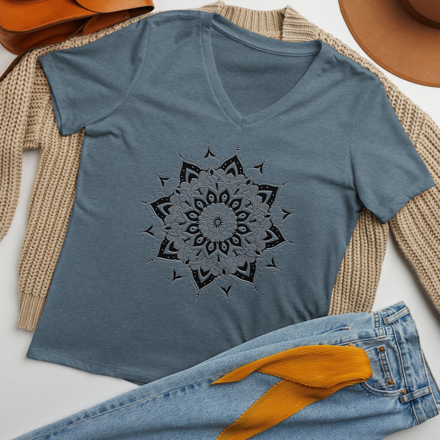 Women's V - Neck T-Shirt with Celestial Mandala Star Design - Soft & Relaxed Fit - Sublimegifts4u.com