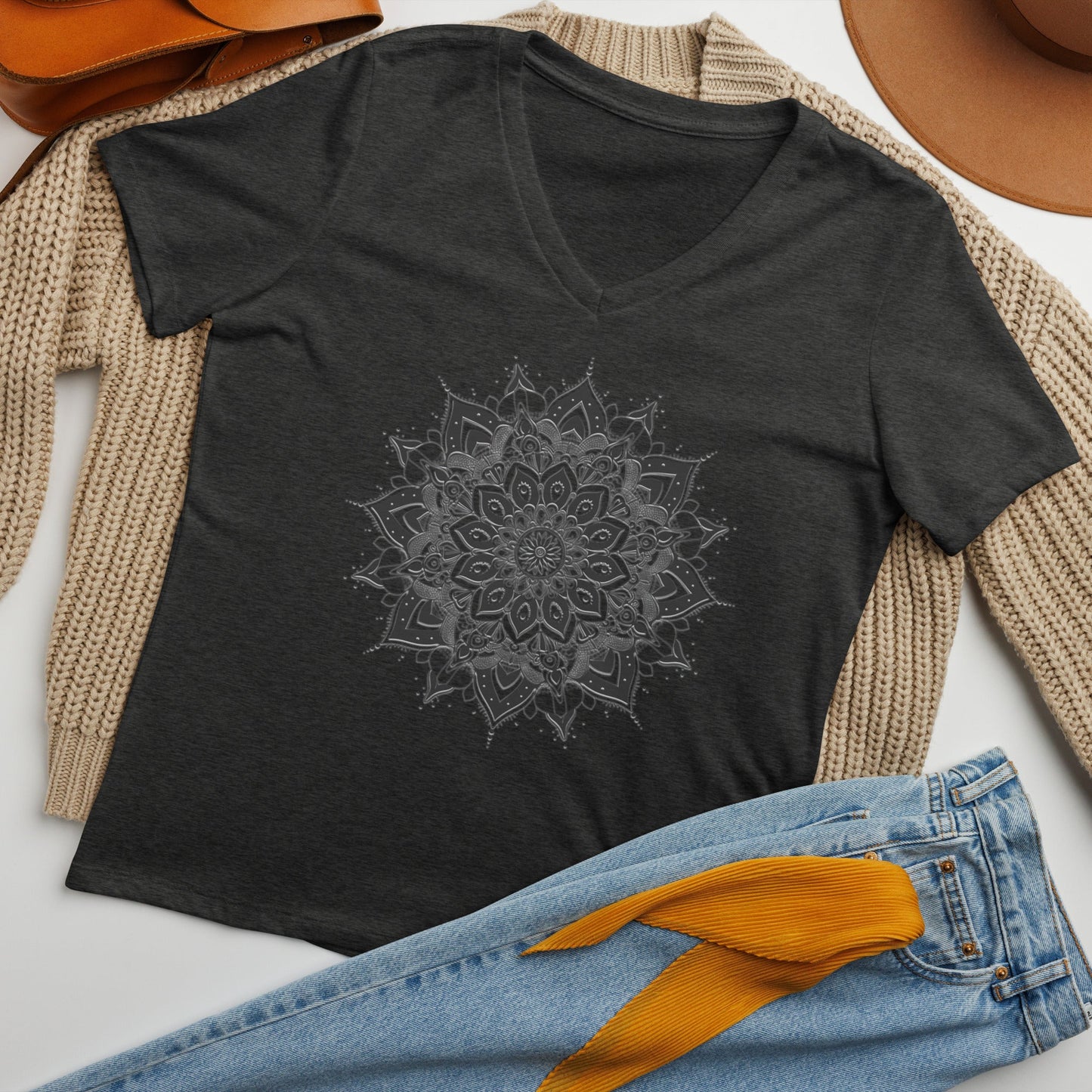 Women's V - Neck T-Shirt with Celestial Mandala Star Design - Soft & Relaxed Fit - Sublimegifts4u.com