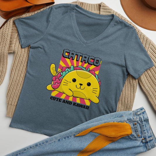 Women’s V - Neck T-Shirt with Kawaii Taco Cat Design - Sublimegifts4u.com