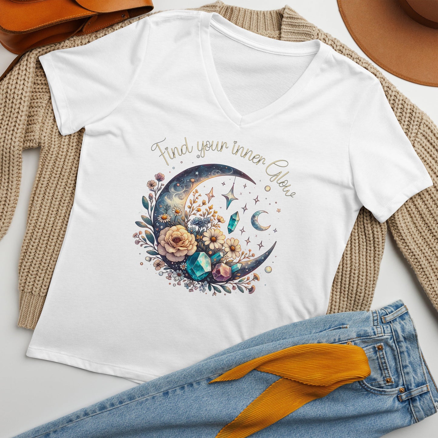 Women’s V - Neck T-Shirt with Moon, Crystals, & Florals - "Find Your Inner Glow" - Sublimegifts4u.com