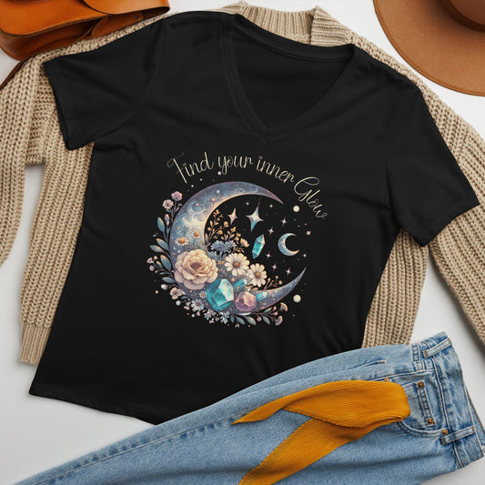 Women’s V - Neck T-Shirt with Moon, Crystals, & Florals - "Find Your Inner Glow" - Sublimegifts4u.com