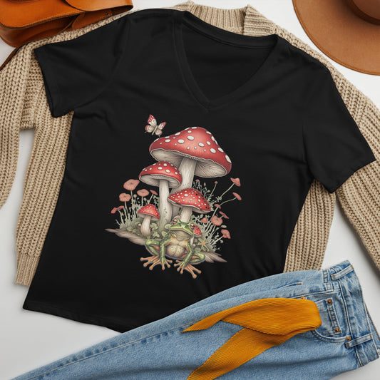 Women’s V - Neck T-Shirt with Mushroom & Toadstool Design - Sublimegifts4u.com