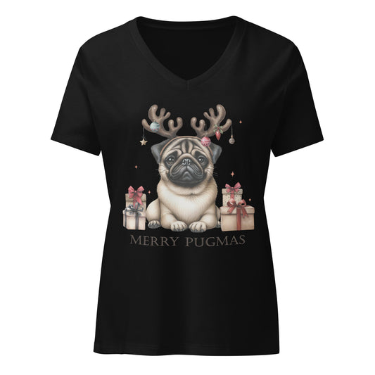 Women's V - Neck Tee | Festive Pugmas Design | Holiday Dog Shirt - Sublimegifts4u.com