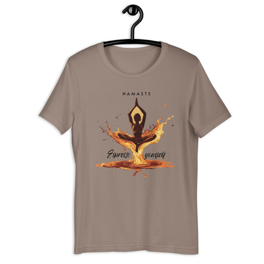 Yoga & Coffee Lover's Tee – Elegant Lady in Yoga Pose Over Coffee Stream Women's Cotton T-Shirt - Sublimegifts4u.com