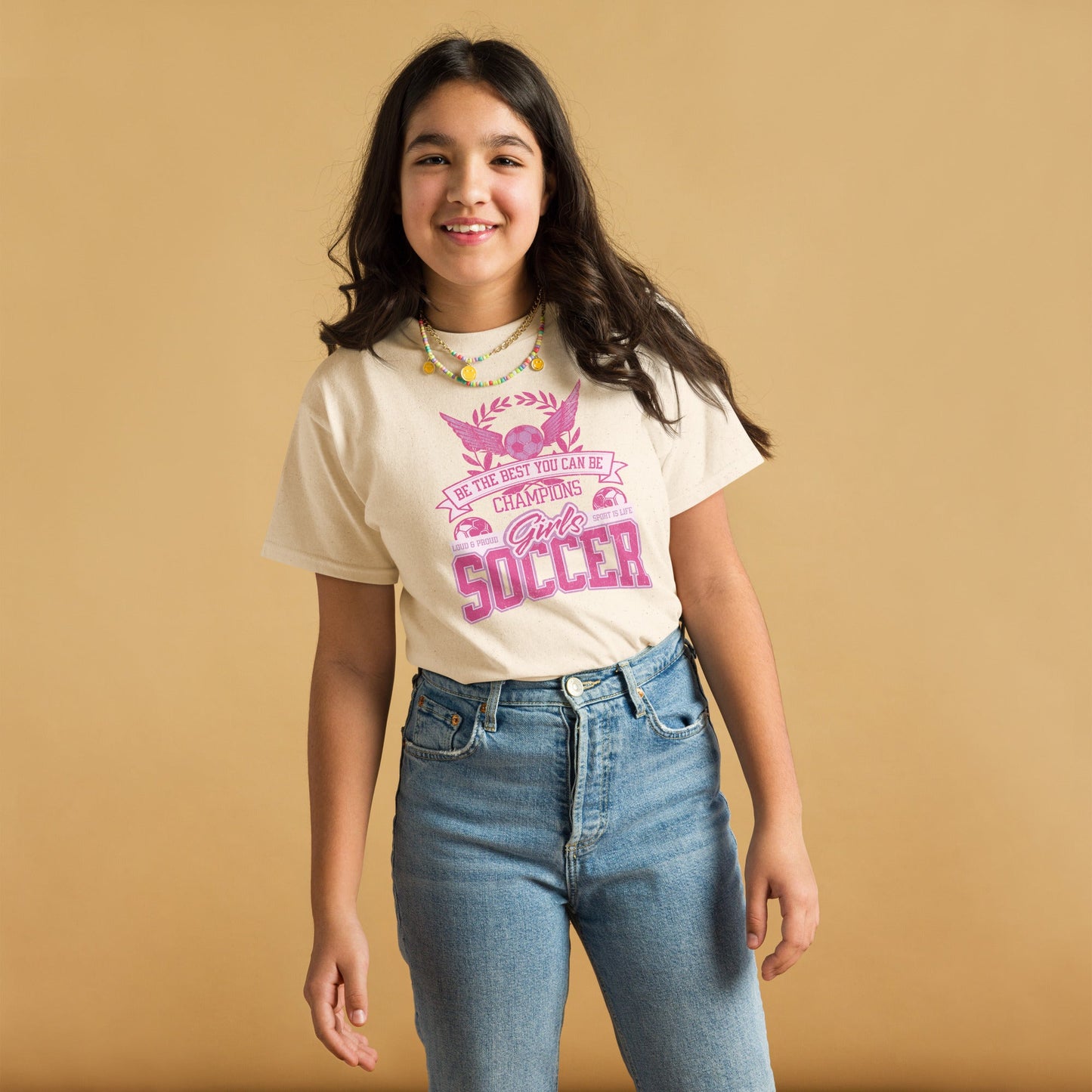 Youth Soccer T-Shirt - Pink Lettering Classic Fit Tee (Sizes S - XL) - Sublimegifts4u.com