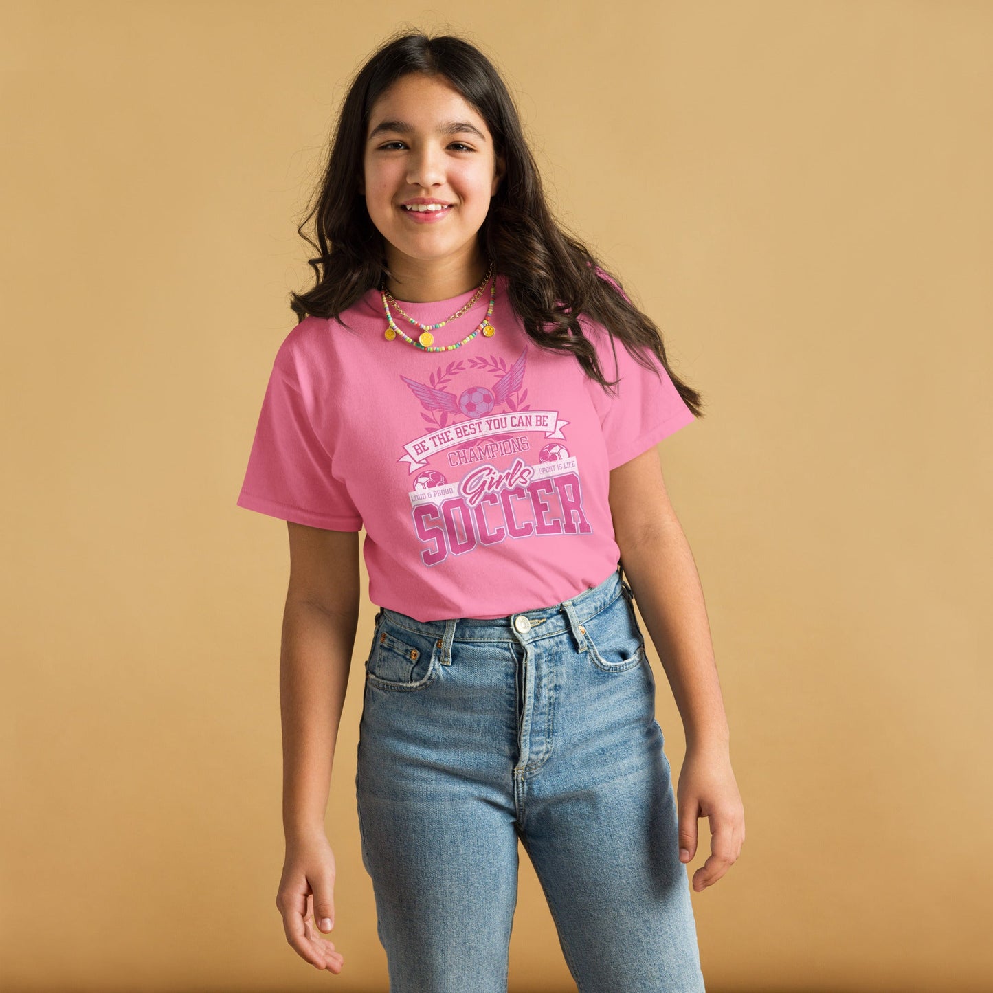 Youth Soccer T-Shirt - Pink Lettering Classic Fit Tee (Sizes S - XL) - Sublimegifts4u.com